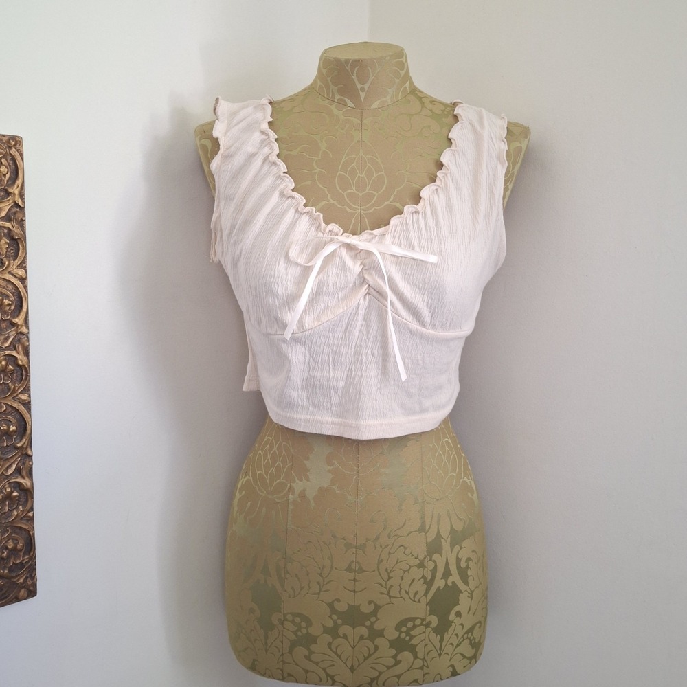 Y2K Vintage John Galt Cream Peasant Ruffle Crop Top Bow‎
